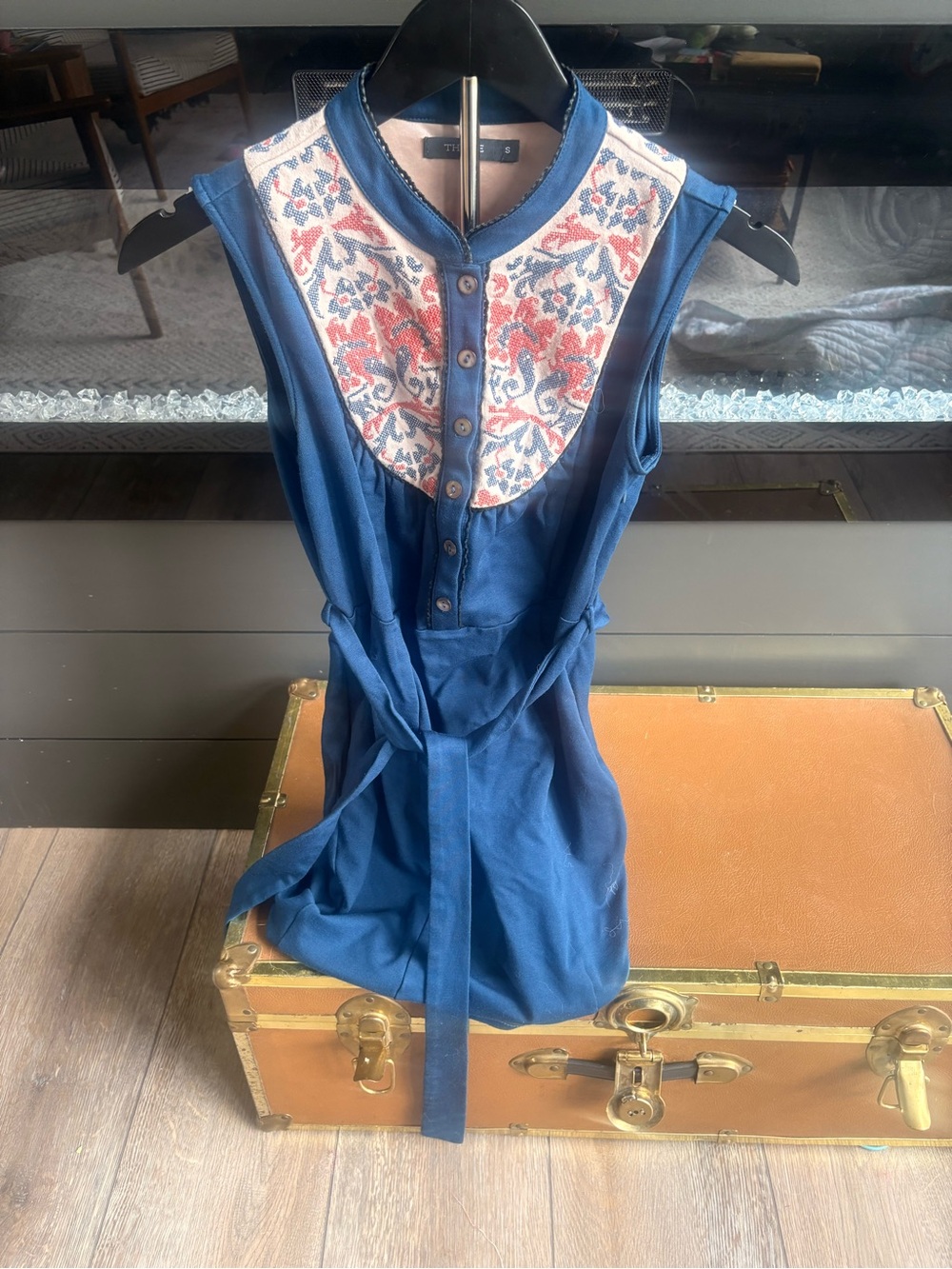 Theme Blue Mini Dress with Coral & White Embroidered Yoke